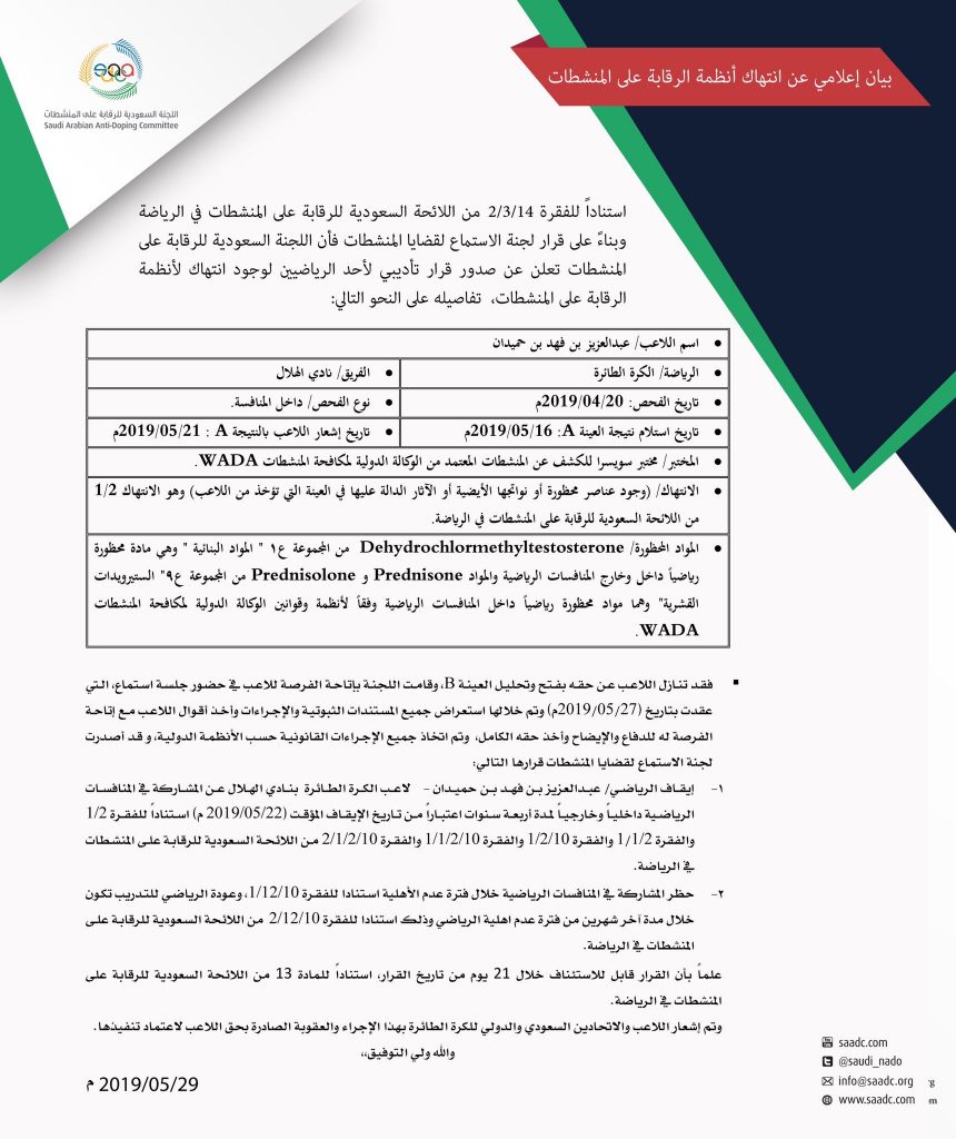 إيقاف لاعبي الهلال وجدة للكرة الطائرة ورفع الأثقال حميدان والشمراني لمدة 4 سنوات.