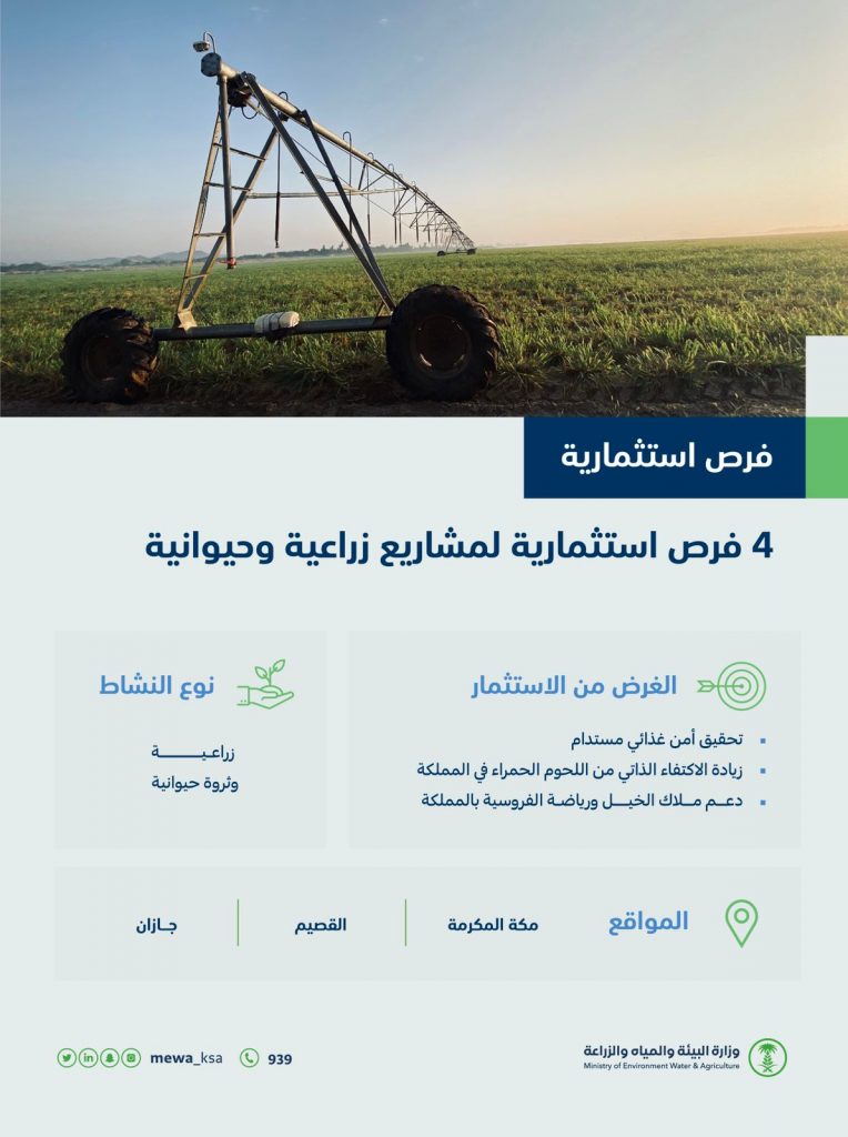 “البيئة” تطرح 4 فرص استثمارية لمشاريع زراعية وحيوانية في مكة المكرمة والقصيم وجازان